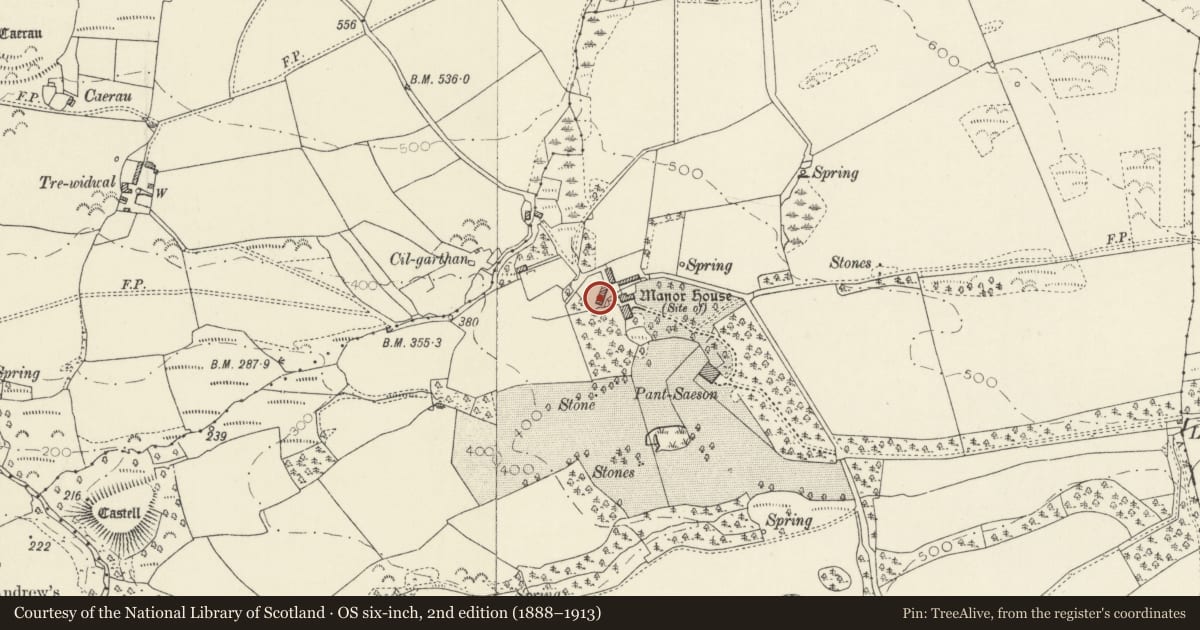 Ordnance Survey six-inch map, 2nd edition (1888–1913) covering the location of Barn at Pantsaeson Farm, Nevern, Pembrokeshire, with a pin at the register's coordinates