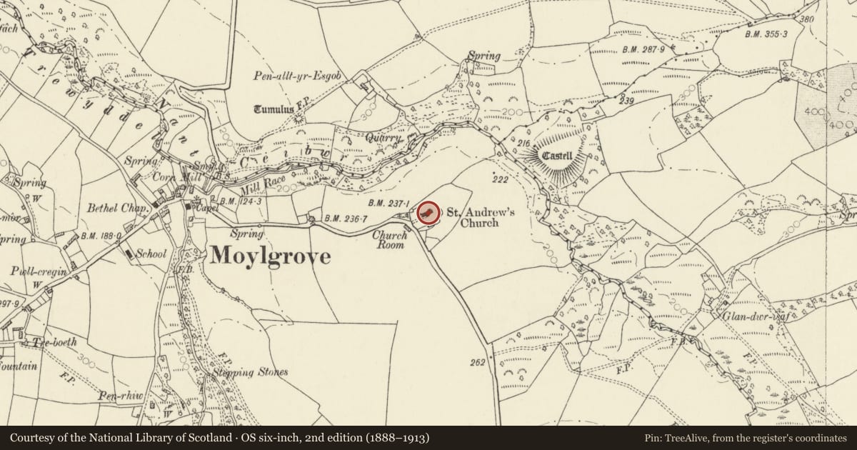 Ordnance Survey six-inch map, 2nd edition (1888–1913) covering the location of Church of St Andrew, Nevern, Pembrokeshire, with a pin at the register's coordinates