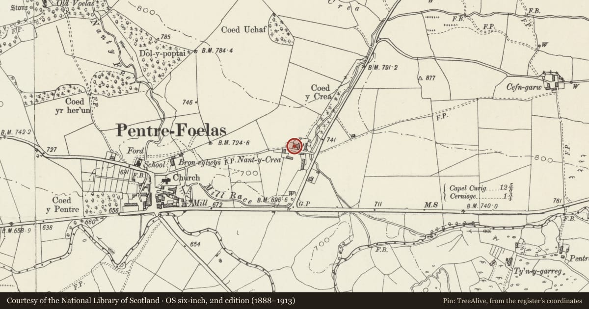 Ordnance Survey six-inch map, 2nd edition (1888–1913) covering the location of Nant-y-creau, Pentrefoelas, Conwy, with a pin at the register's coordinates