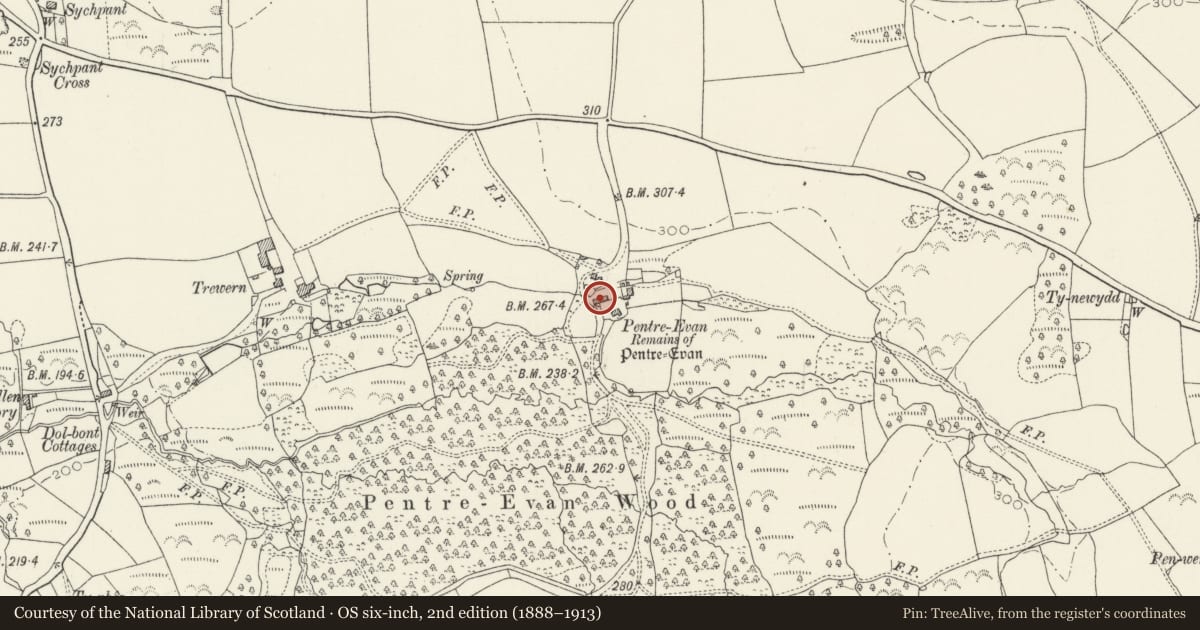 Ordnance Survey six-inch map, 2nd edition (1888–1913) covering the location of Former Barn at Pentre Evan Farm, Nevern, Pembrokeshire, with a pin at the register's coordinates