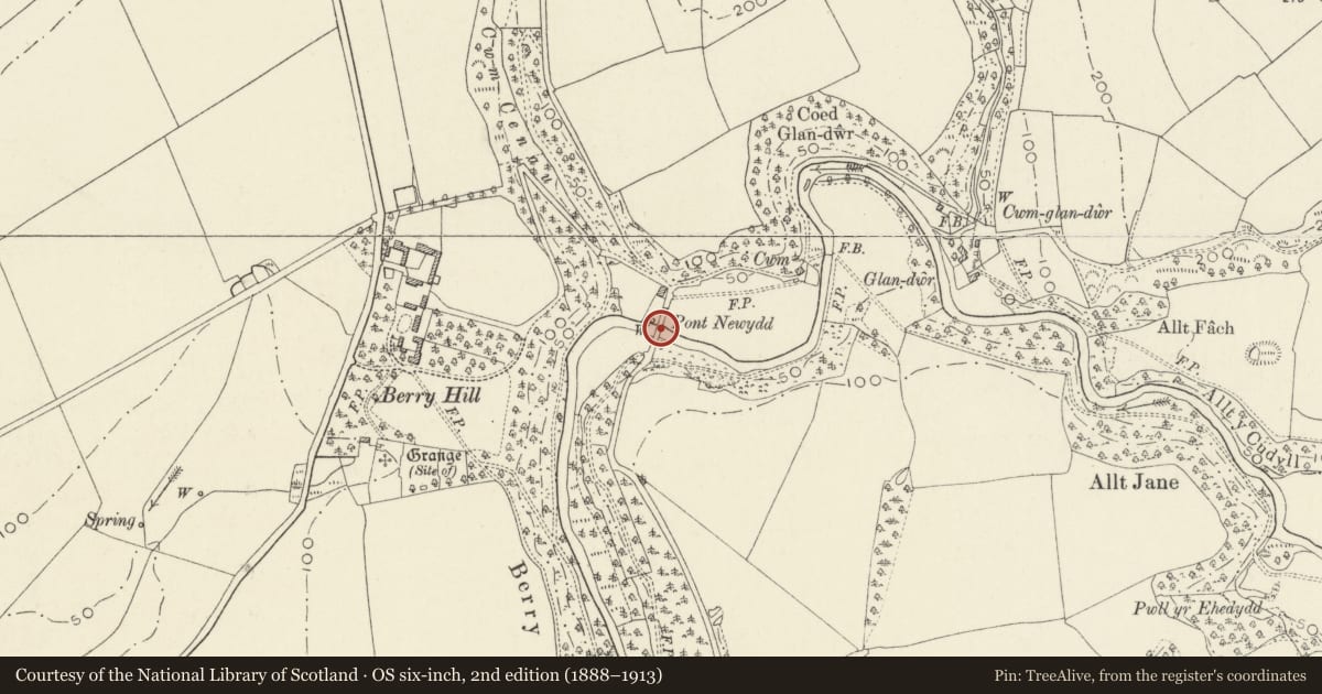 Ordnance Survey six-inch map, 2nd edition (1888–1913) covering the location of Pont Newydd, Nevern, Pembrokeshire, with a pin at the register's coordinates