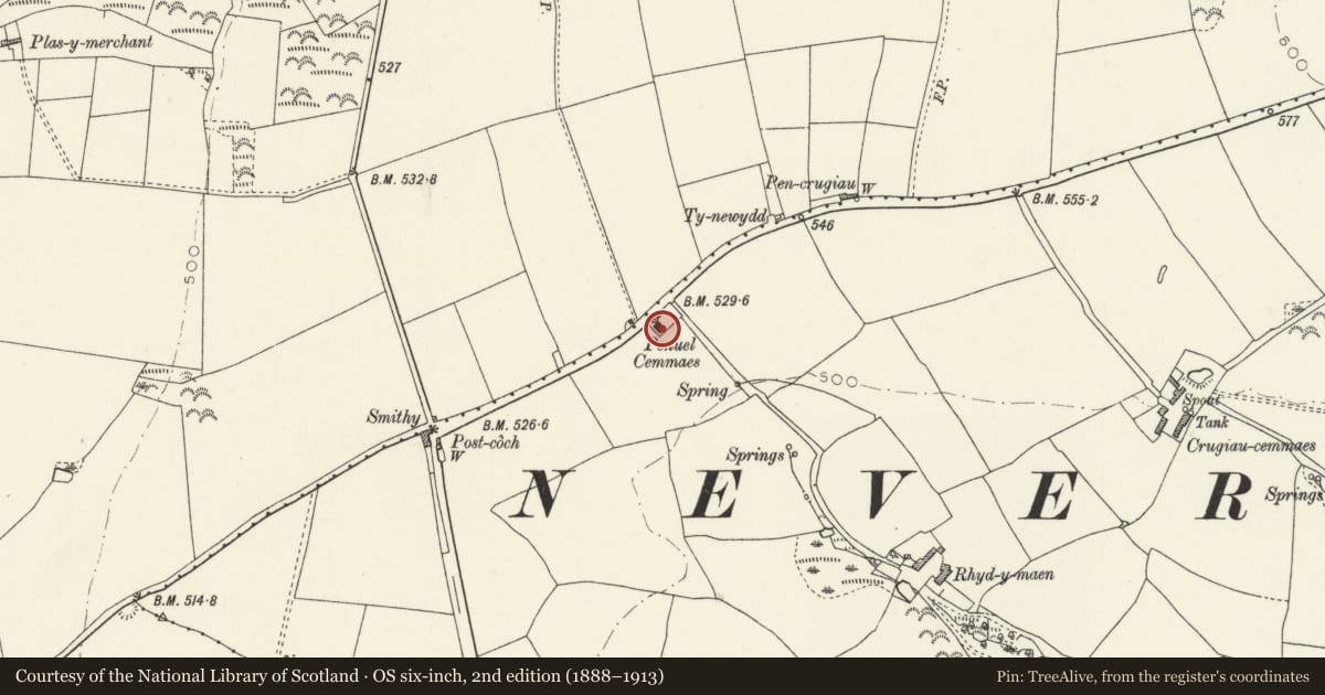 Ordnance Survey six-inch map, 2nd edition (1888–1913) covering the location of Penuel Cemaes Baptist Chapel, Glanrhyd Road, B4582 (S.Side) Rhydymaen, Nevern, Pembrokeshire, with a pin at the register's coordinates