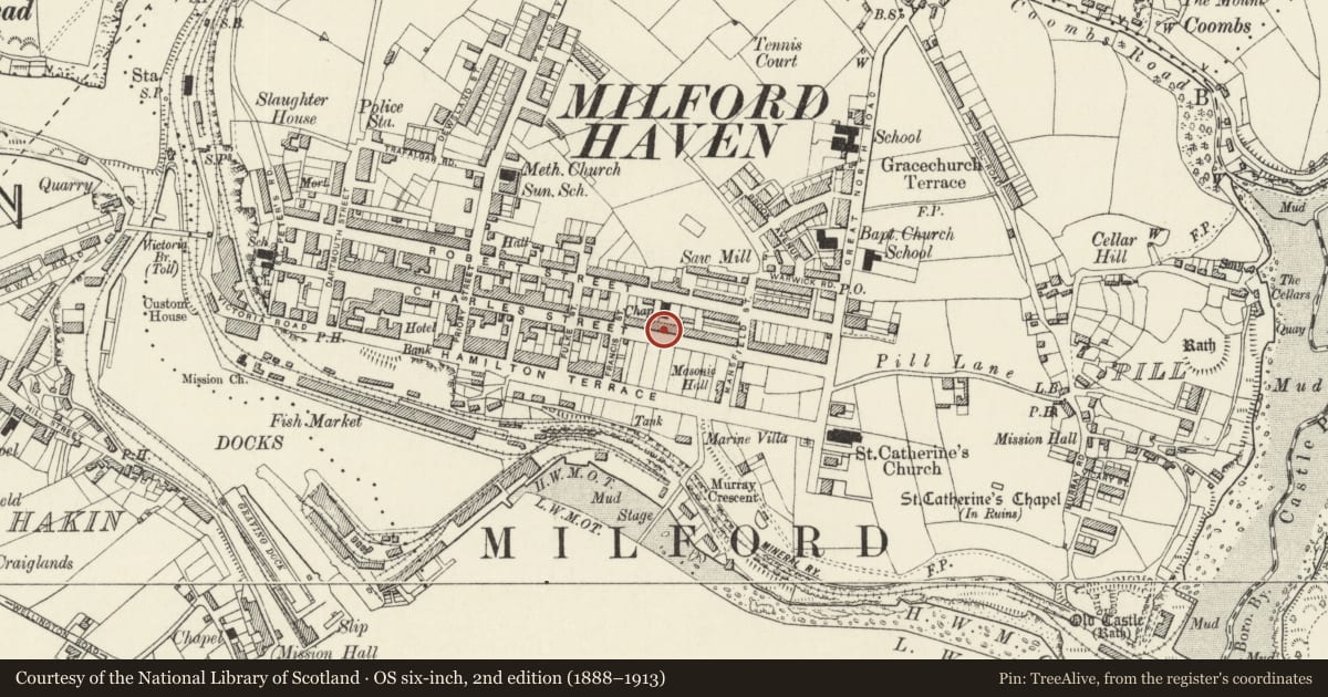 Ordnance Survey six-inch map, 2nd edition (1888–1913) covering the location of 111 Charles Street, Milford Haven, Pembrokeshire, with a pin at the register's coordinates