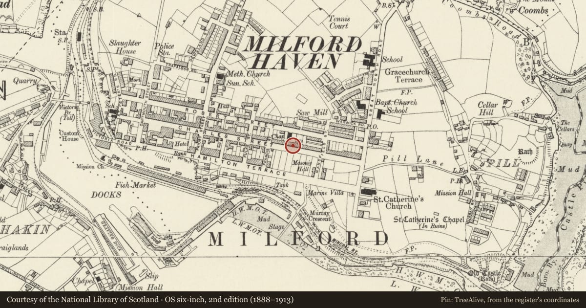 Ordnance Survey six-inch map, 2nd edition (1888–1913) covering the location of 113 Charles Street, Milford Haven, Pembrokeshire, with a pin at the register's coordinates