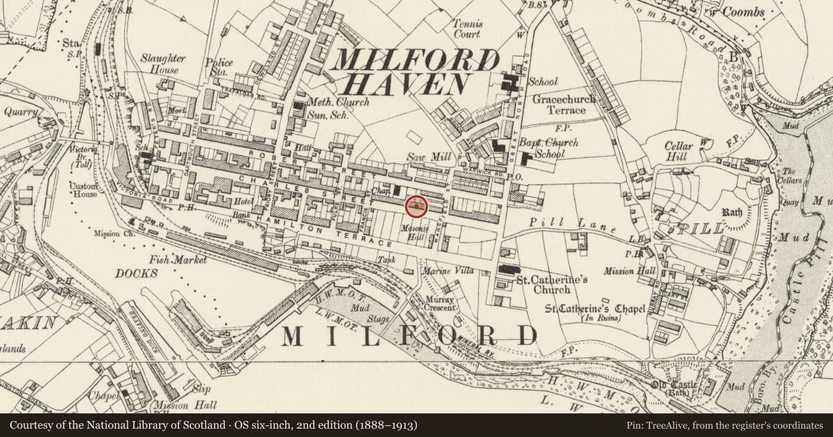 Ordnance Survey six-inch map, 2nd edition (1888–1913) covering the location of 117 Charles Street, Milford Haven, Pembrokeshire, with a pin at the register's coordinates
