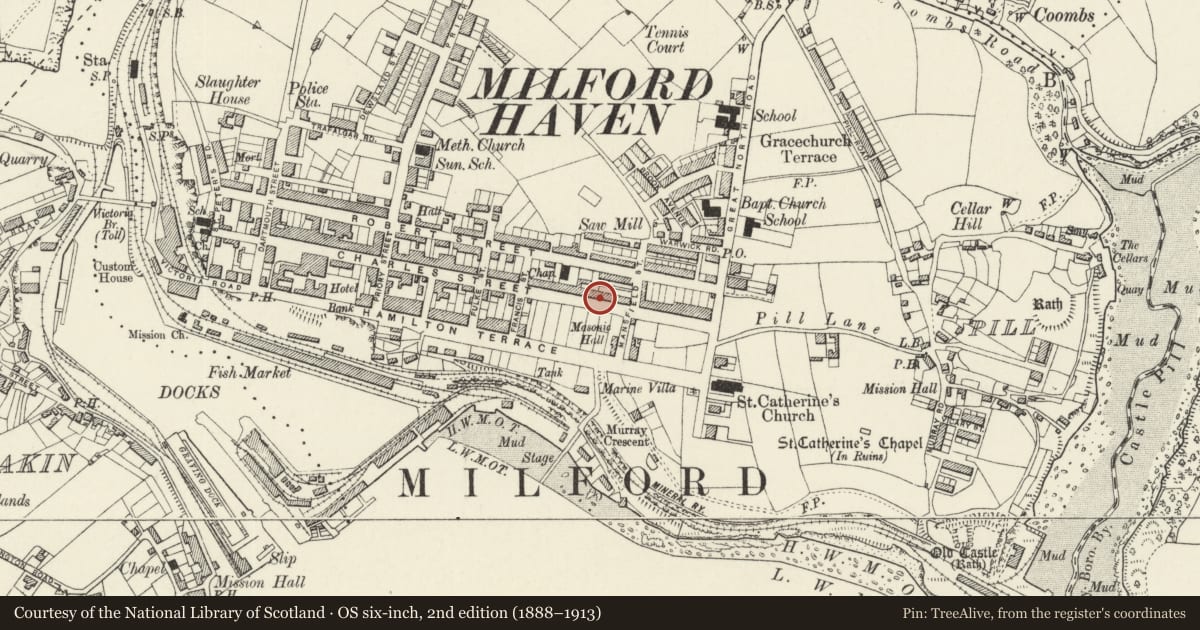 Ordnance Survey six-inch map, 2nd edition (1888–1913) covering the location of 119 Charles Street, Milford Haven, Pembrokeshire, with a pin at the register's coordinates