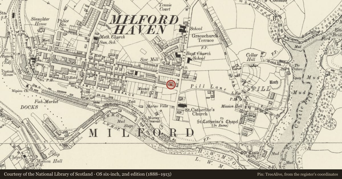 Ordnance Survey six-inch map, 2nd edition (1888–1913) covering the location of 155 Charles Street, Milford Haven, Pembrokeshire, with a pin at the register's coordinates