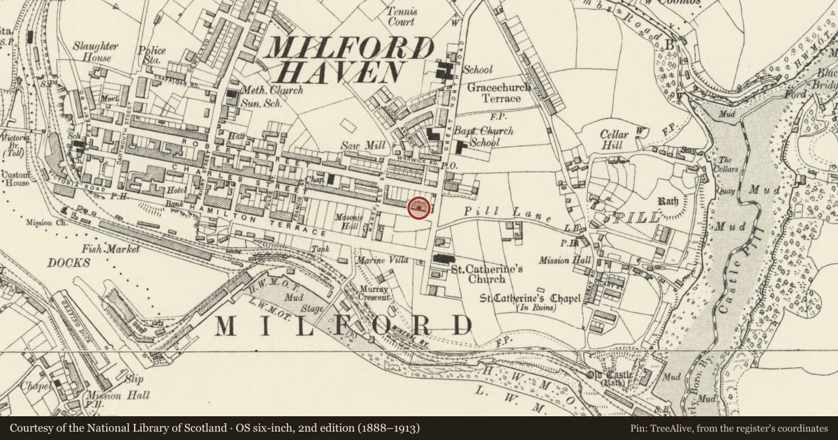Ordnance Survey six-inch map, 2nd edition (1888–1913) covering the location of 157 Charles Street, Milford Haven, Pembrokeshire, with a pin at the register's coordinates