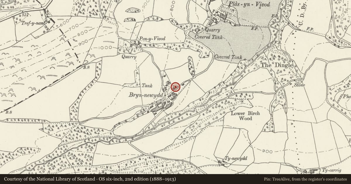 Ordnance Survey six-inch map, 2nd edition (1888–1913) covering the location of Home Farm Farmhouse, Llangollen, Denbighshire, with a pin at the register's coordinates