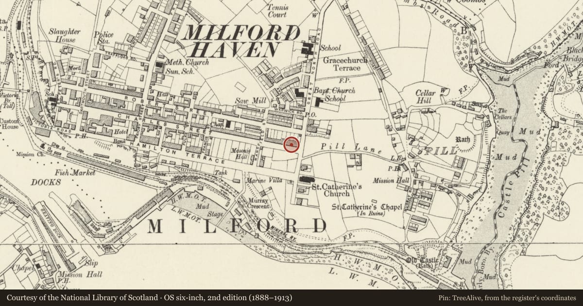 Ordnance Survey six-inch map, 2nd edition (1888–1913) covering the location of 159 Charles Street, Milford Haven, Pembrokeshire, with a pin at the register's coordinates