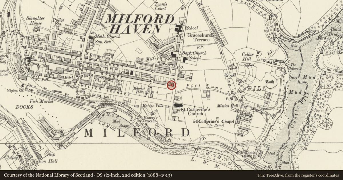 Ordnance Survey six-inch map, 2nd edition (1888–1913) covering the location of 163 Charles Street, Milford Haven, Pembrokeshire, with a pin at the register's coordinates