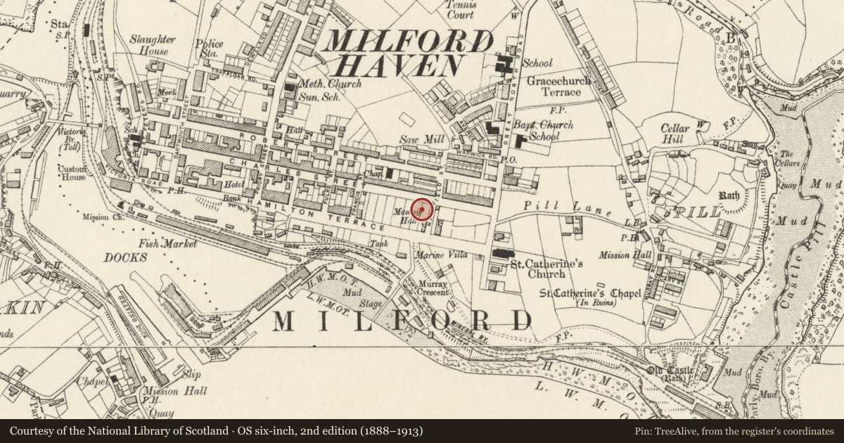 Ordnance Survey six-inch map, 2nd edition (1888–1913) covering the location of Tabernacle Congregational Chapel, Milford Haven, Pembrokeshire, with a pin at the register's coordinates