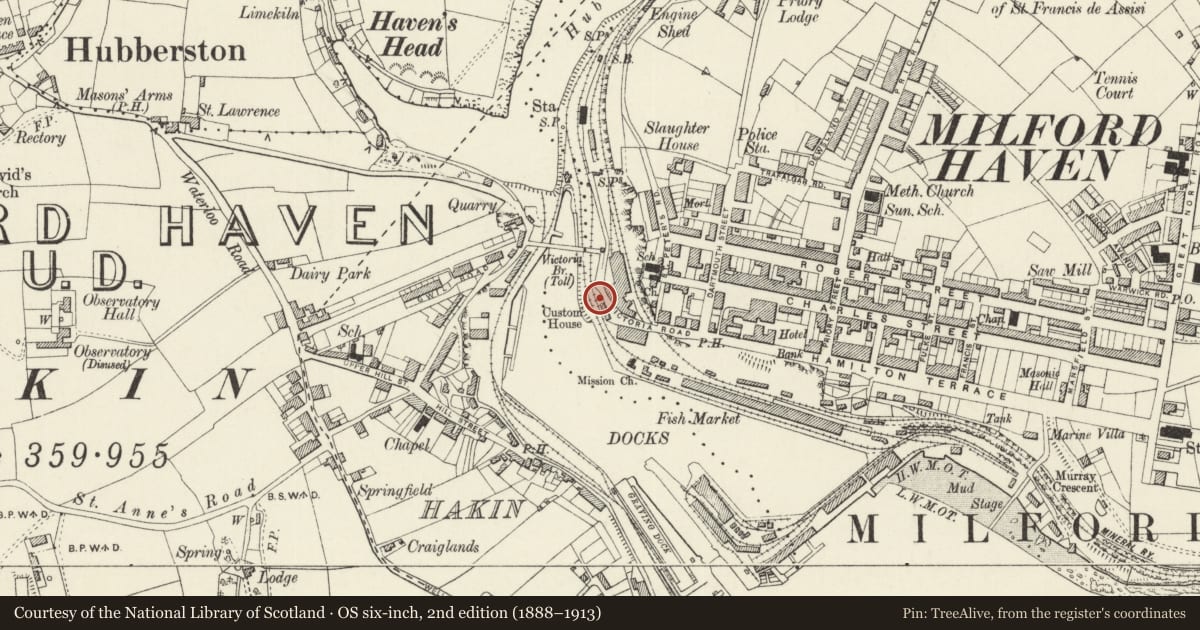 Ordnance Survey six-inch map, 2nd edition (1888–1913) covering the location of The Sewin Restaurant, Milford Haven, Pembrokeshire, with a pin at the register's coordinates