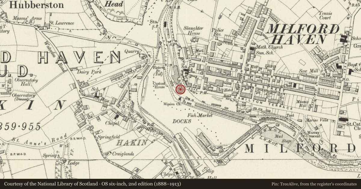 Ordnance Survey six-inch map, 2nd edition (1888–1913) covering the location of The Customs House, Milford Haven, Pembrokeshire, with a pin at the register's coordinates