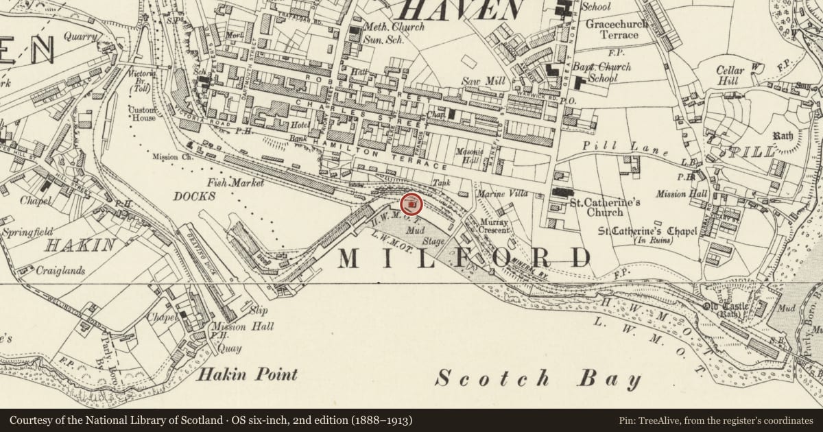 Ordnance Survey six-inch map, 2nd edition (1888–1913) covering the location of The Smoke House, Milford Haven, Pembrokeshire, with a pin at the register's coordinates