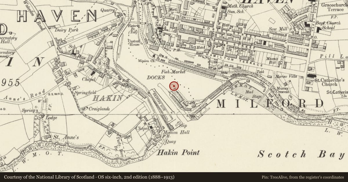Ordnance Survey six-inch map, 2nd edition (1888–1913) covering the location of One of a set of four Bollards on S.Side of Marina Basin, Milford Haven, Pembrokeshire, with a pin at the register's coordinates