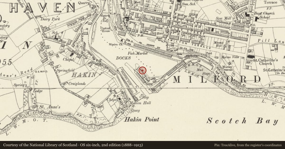 Ordnance Survey six-inch map, 2nd edition (1888–1913) covering the location of One of a set of four Bollards on S.Side of Marina Basin, Milford Haven, Pembrokeshire, with a pin at the register's coordinates