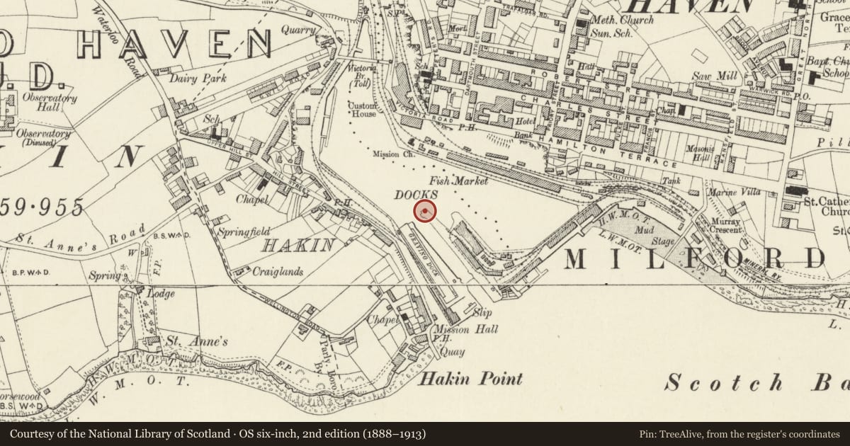 Ordnance Survey six-inch map, 2nd edition (1888–1913) covering the location of One of 28 Bollards flanking Entrance Lock, Milford Haven, Pembrokeshire, with a pin at the register's coordinates