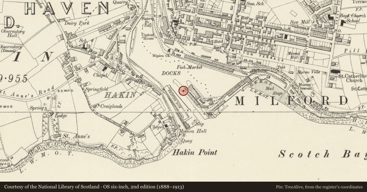 Ordnance Survey six-inch map, 2nd edition (1888–1913) covering the location of One of 28 Bollards Flanking Entrance Lock, Milford Haven, Pembrokeshire, with a pin at the register's coordinates