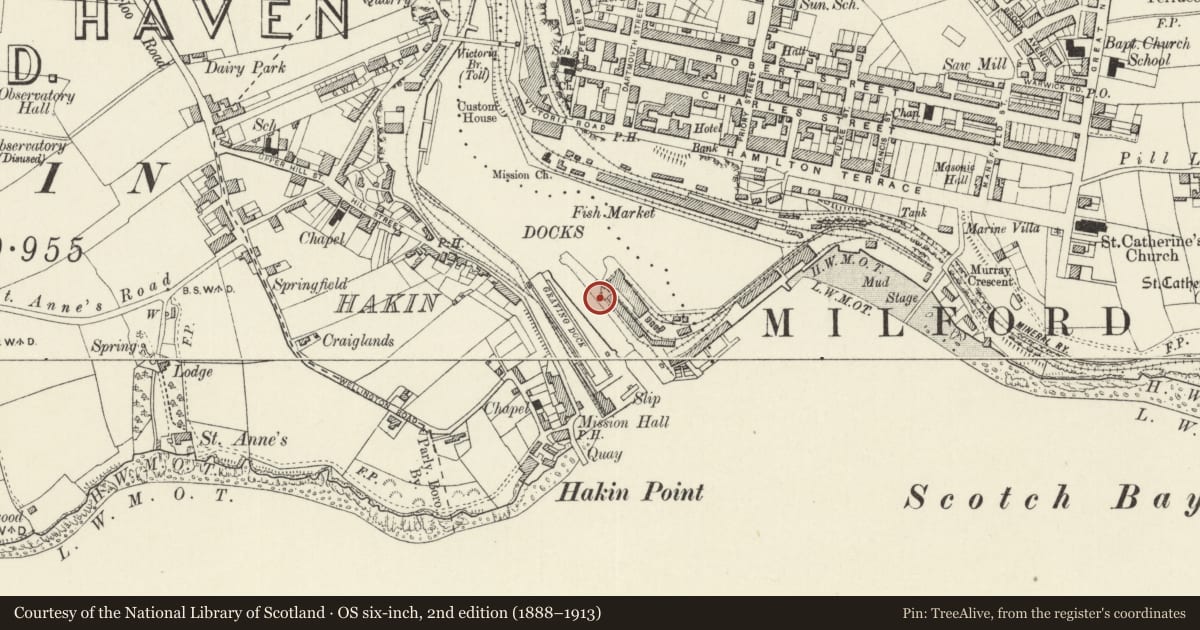 Ordnance Survey six-inch map, 2nd edition (1888–1913) covering the location of One of 28 Bollards Flanking Entrance Lock, Milford Haven, Pembrokeshire, with a pin at the register's coordinates