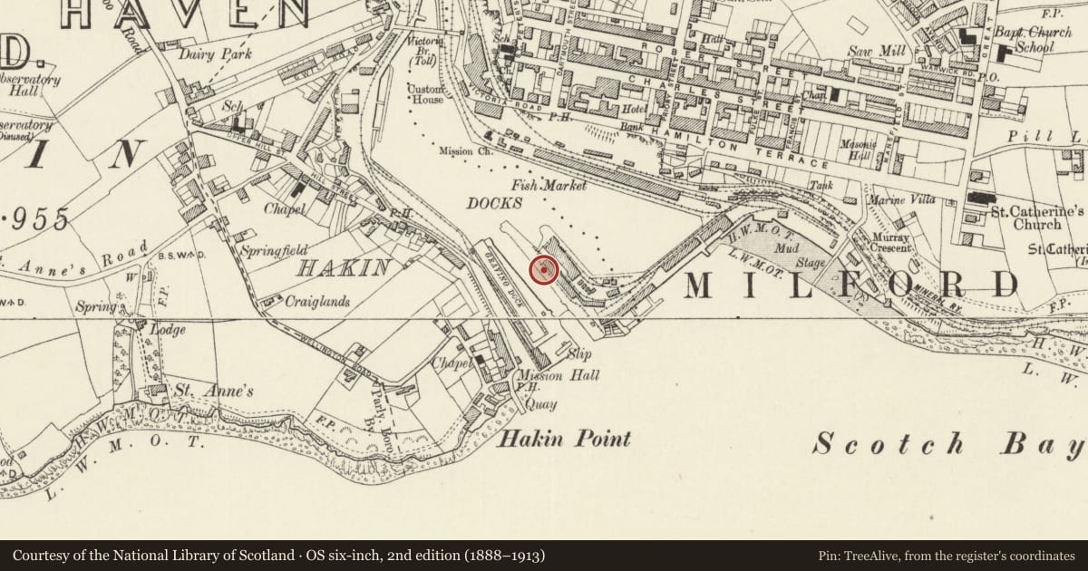 Ordnance Survey six-inch map, 2nd edition (1888–1913) covering the location of One of 28 Bollards Flanking Entrance Lock, Milford Haven, Pembrokeshire, with a pin at the register's coordinates