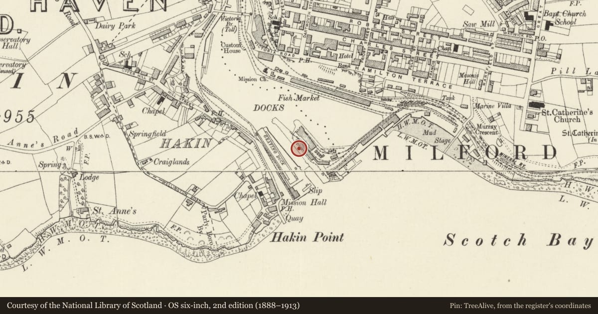 Ordnance Survey six-inch map, 2nd edition (1888–1913) covering the location of One of 28 Bollards Flanking Entrance Lock, Milford Haven, Pembrokeshire, with a pin at the register's coordinates