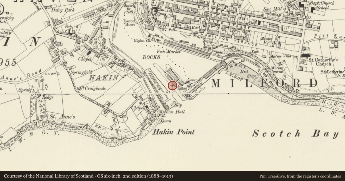 Ordnance Survey six-inch map, 2nd edition (1888–1913) covering the location of One of 28 Bollards Flanking Entrance Lock, Milford Haven, Pembrokeshire, with a pin at the register's coordinates