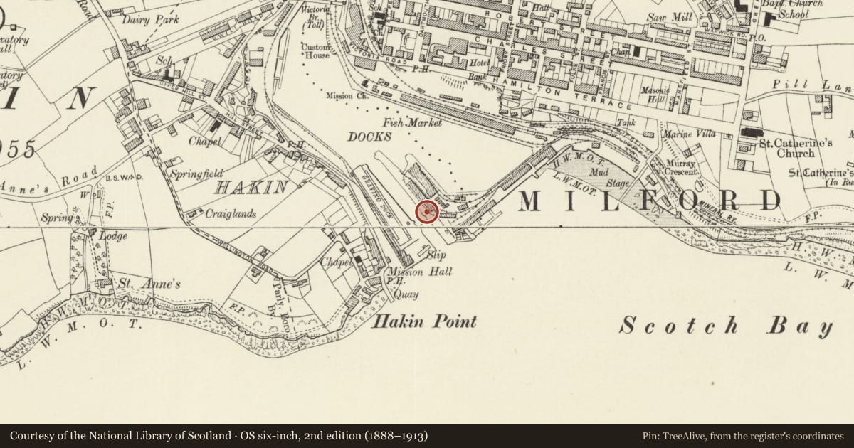 Ordnance Survey six-inch map, 2nd edition (1888–1913) covering the location of One of 28 Bollards Flanking Entrance Lock, Milford Haven, Pembrokeshire, with a pin at the register's coordinates