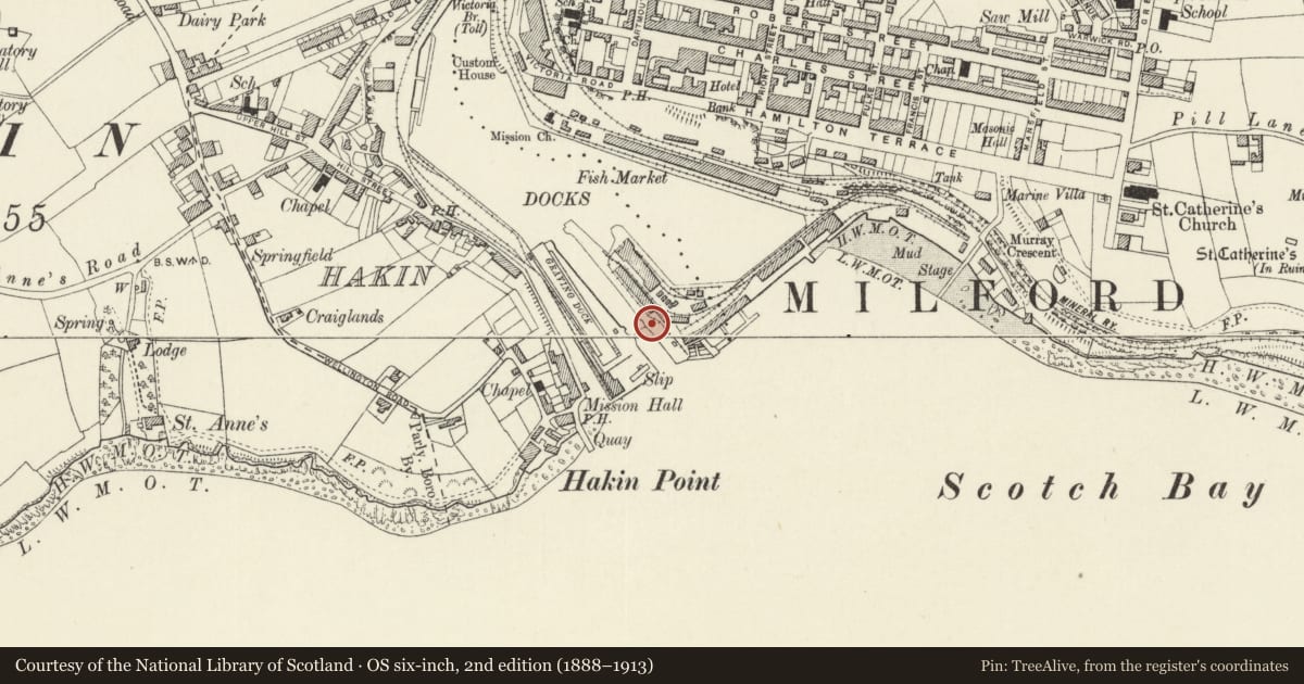 Ordnance Survey six-inch map, 2nd edition (1888–1913) covering the location of One of 28 bollards Flanking Entrance Lock, Milford Haven, Pembrokeshire, with a pin at the register's coordinates