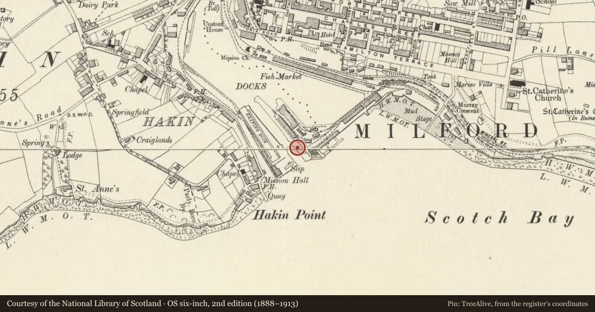 Ordnance Survey six-inch map, 2nd edition (1888–1913) covering the location of One of 28 Bollards Flanking Entrance Lock, Milford Haven, Pembrokeshire, with a pin at the register's coordinates