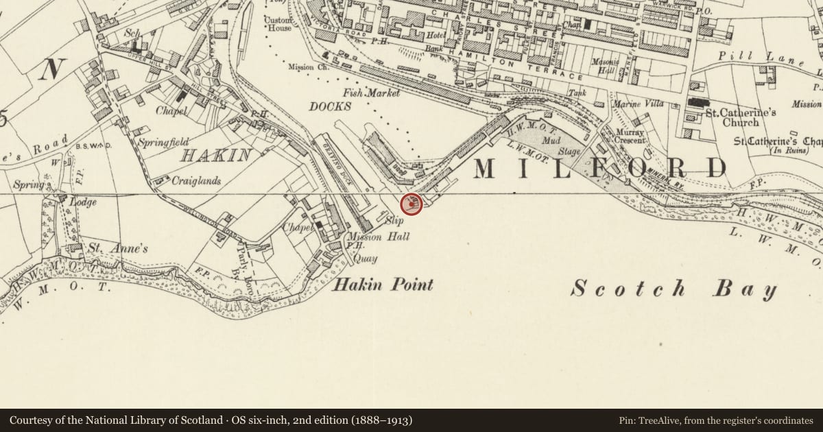 Ordnance Survey six-inch map, 2nd edition (1888–1913) covering the location of One of 28 Bollards Flanking Entrance Lock, Milford Haven, Pembrokeshire, with a pin at the register's coordinates