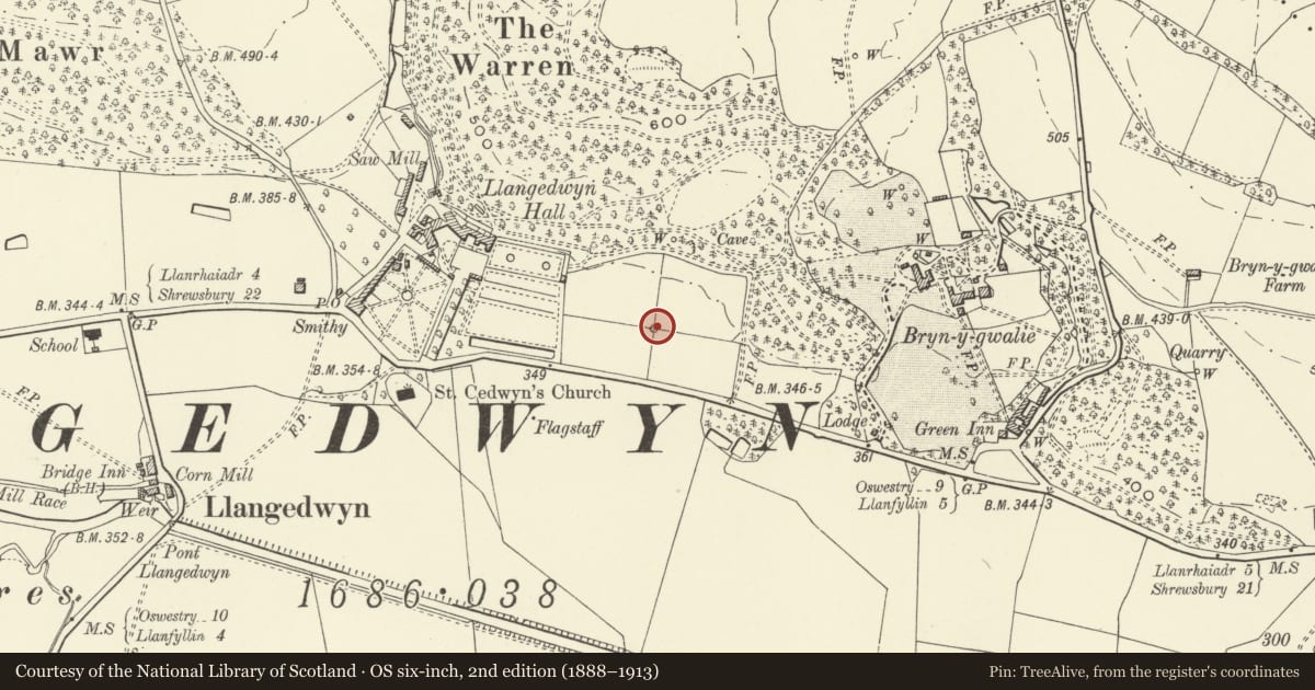 Ordnance Survey six-inch map, 2nd edition (1888–1913) covering the location of Octagonal Stallion Stable near Llangedwyn Hall, Powys, with a pin at the register's coordinates