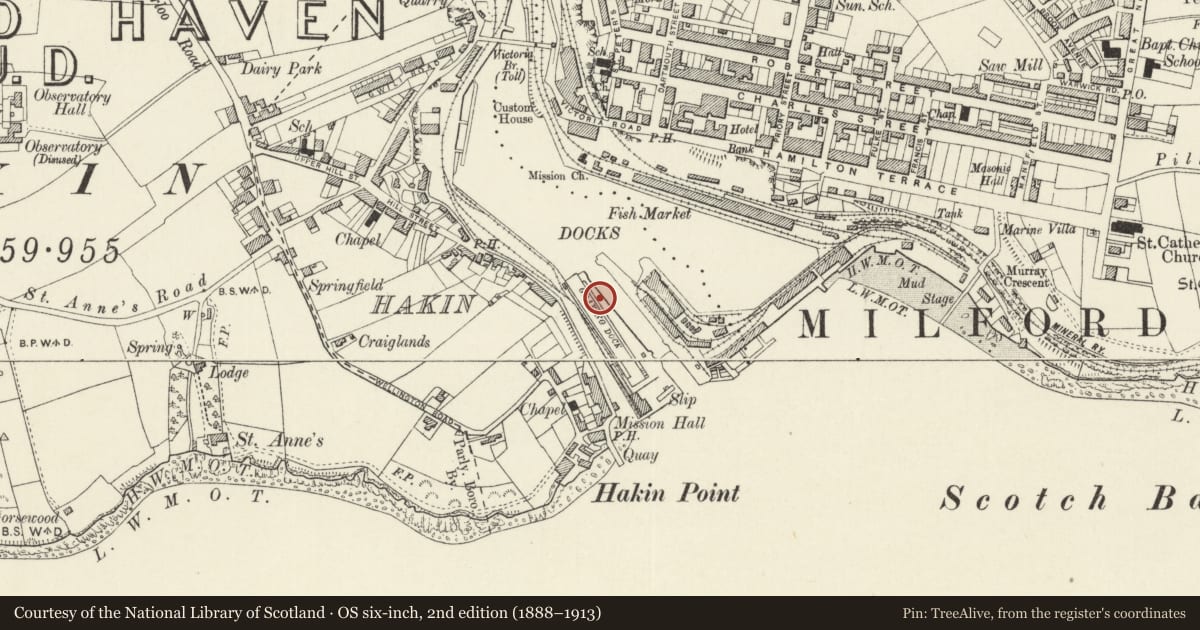 Ordnance Survey six-inch map, 2nd edition (1888–1913) covering the location of One of 28 Bollards Flanking Entrance Lock, Milford Haven, Pembrokeshire, with a pin at the register's coordinates