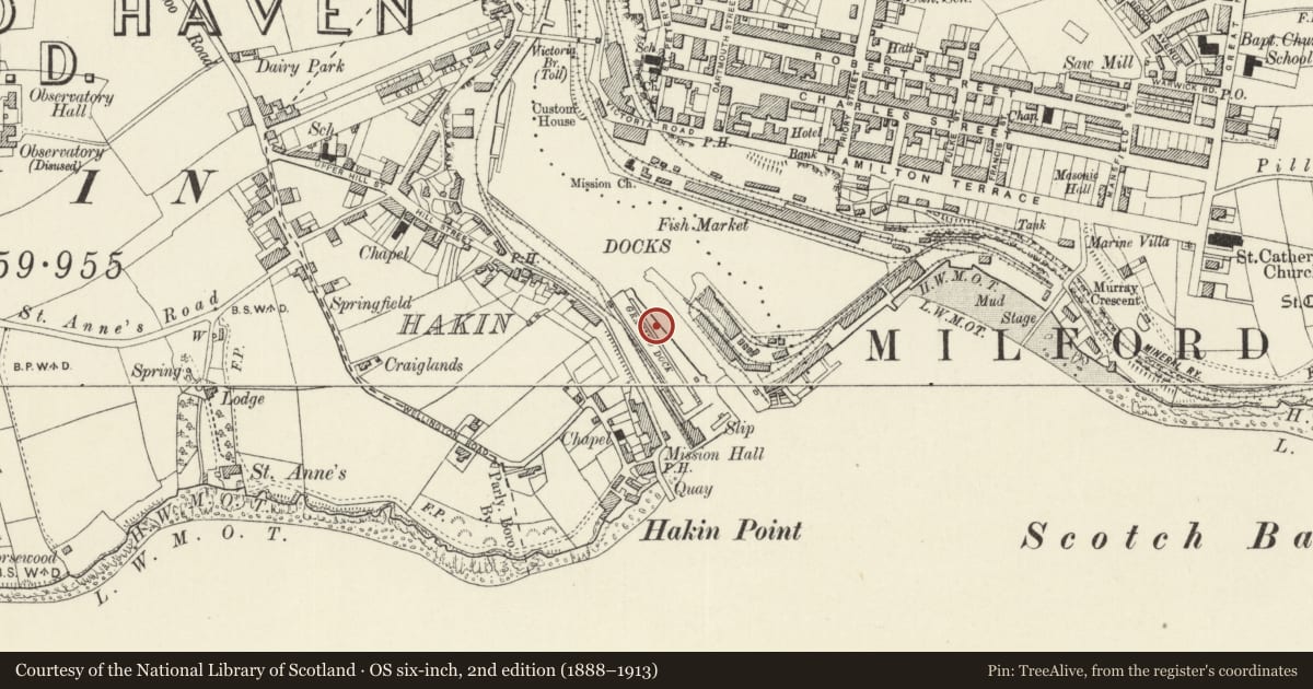 Ordnance Survey six-inch map, 2nd edition (1888–1913) covering the location of One of 28 Bollards Flanking Entrance Lock, Milford Haven, Pembrokeshire, with a pin at the register's coordinates