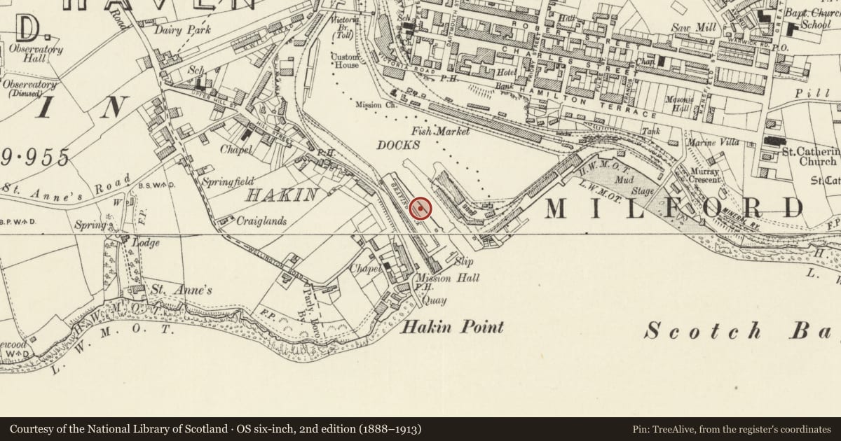 Ordnance Survey six-inch map, 2nd edition (1888–1913) covering the location of One of 28 Bollards Flanking Entrance Lock, Milford Haven, Pembrokeshire, with a pin at the register's coordinates