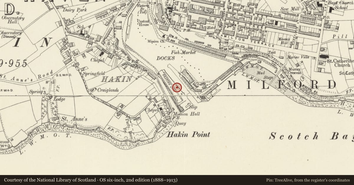 Ordnance Survey six-inch map, 2nd edition (1888–1913) covering the location of One of 28 Bollards Flanking Entrance Lock, Milford Haven, Pembrokeshire, with a pin at the register's coordinates