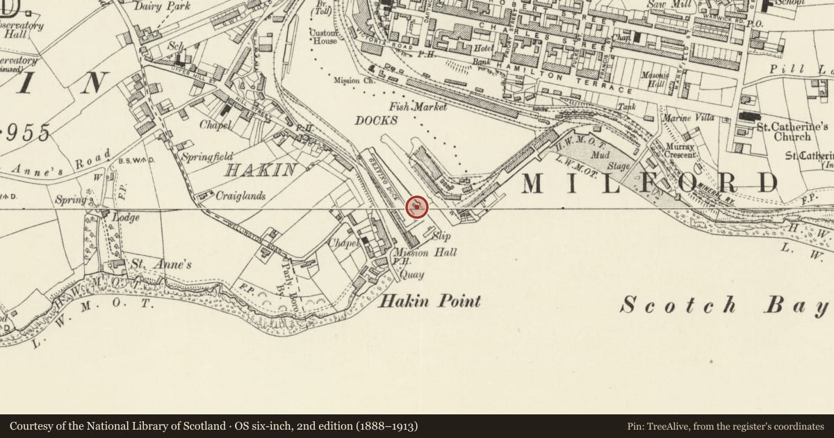 Ordnance Survey six-inch map, 2nd edition (1888–1913) covering the location of One of 28 Bollards Flanking Entrance Lock, Milford Haven, Pembrokeshire, with a pin at the register's coordinates