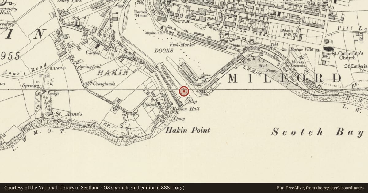 Ordnance Survey six-inch map, 2nd edition (1888–1913) covering the location of One of 28 Bollards Flanking Entrance Lock, Milford Haven, Pembrokeshire, with a pin at the register's coordinates