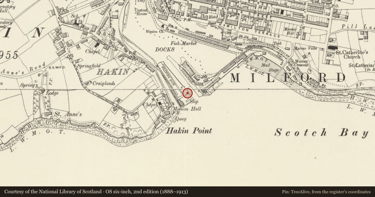 Ordnance Survey six-inch map, 2nd edition (1888–1913) covering the location of One of 28 Bollards Flanking Entrance Lock, Milford Haven, Pembrokeshire, with a pin at the register's coordinates