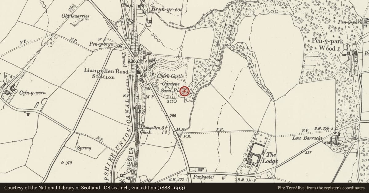 Ordnance Survey six-inch map, 2nd edition (1888–1913) covering the location of Whitehurst Garden Gatepiers with Gates and perimeter Garden Wall, Chirk, Wrexham, with a pin at the register's coordinates