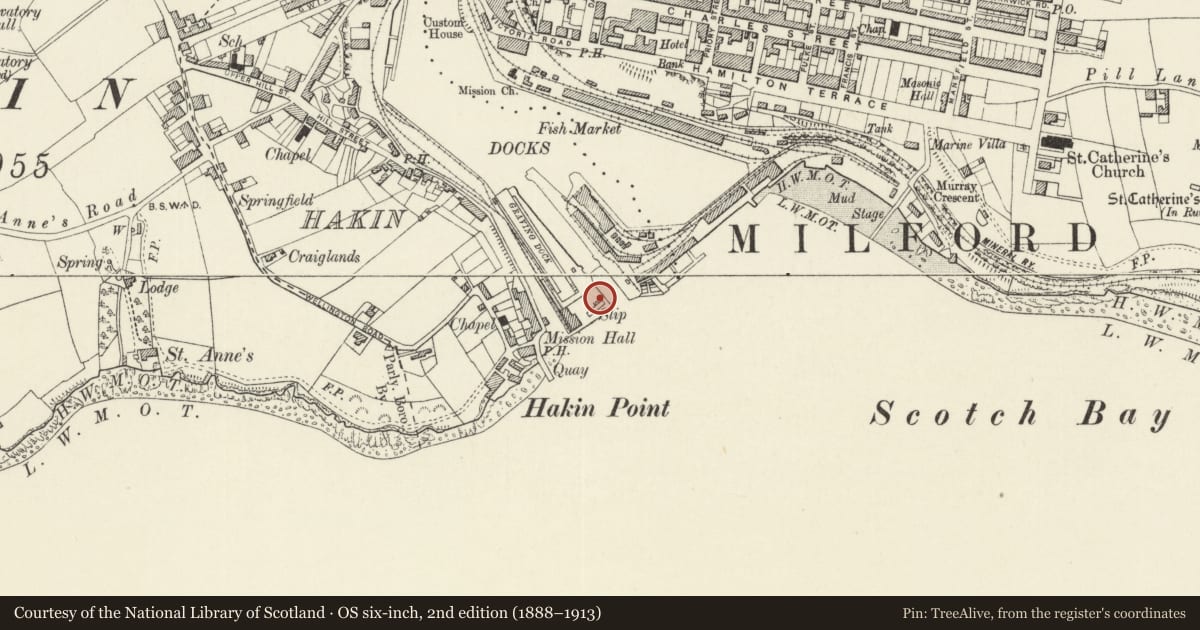 Ordnance Survey six-inch map, 2nd edition (1888–1913) covering the location of One of 28 Bollards Flanking Entrance Lock, Milford Haven, Pembrokeshire, with a pin at the register's coordinates