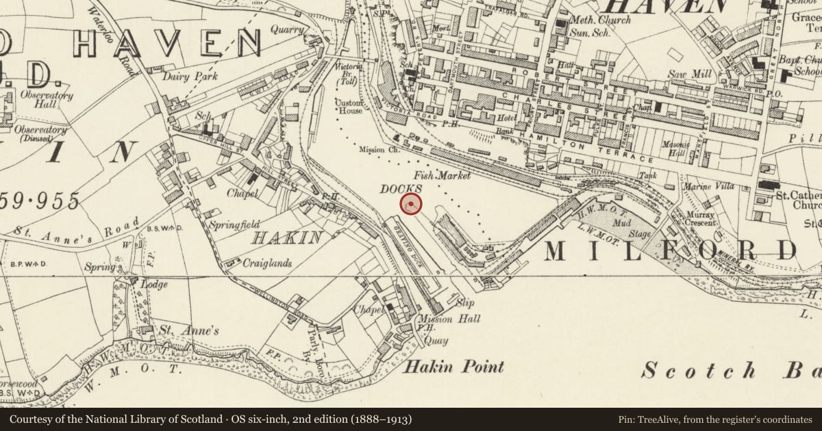 Ordnance Survey six-inch map, 2nd edition (1888–1913) covering the location of One of 5 Capstans adjoining Gates to Entrance Lock, Milford Haven, Pembrokeshire, with a pin at the register's coordinates