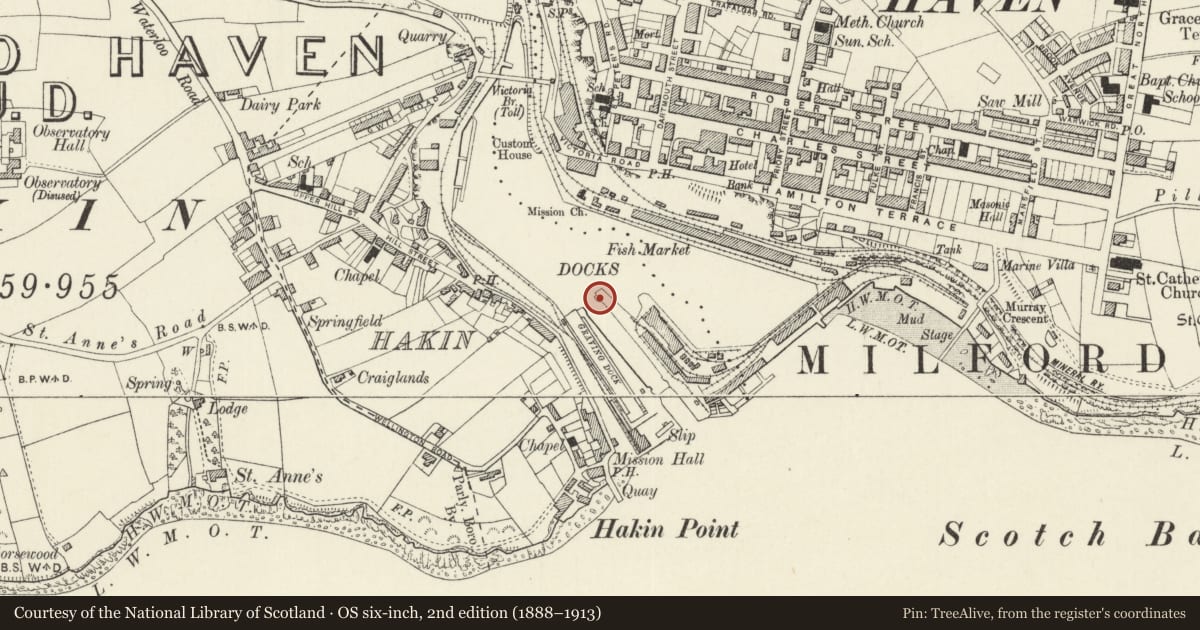 Ordnance Survey six-inch map, 2nd edition (1888–1913) covering the location of One of 5 Capstans adjoining Gates to Entrance Lock, Milford Haven, Pembrokeshire, with a pin at the register's coordinates