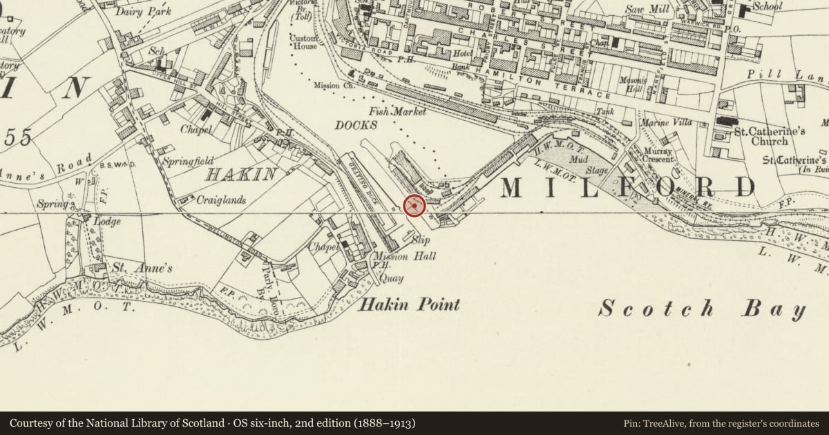 Ordnance Survey six-inch map, 2nd edition (1888–1913) covering the location of One of 5 Capstans adjoining Gates to Entrance Lock, Milford Haven, Pembrokeshire, with a pin at the register's coordinates
