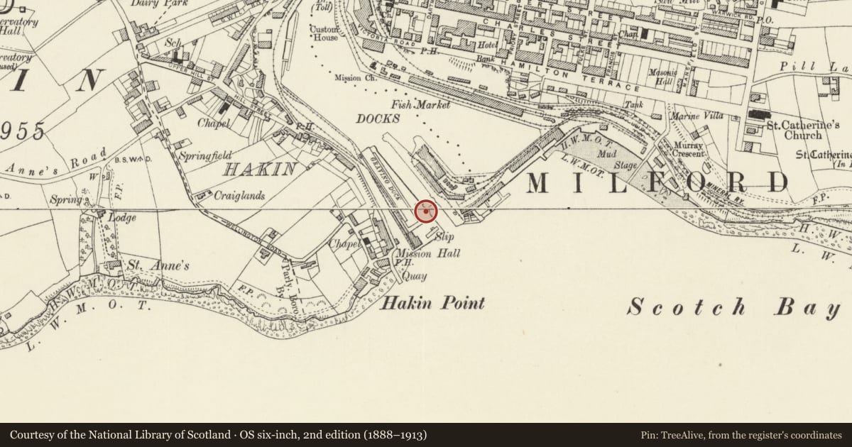 Ordnance Survey six-inch map, 2nd edition (1888–1913) covering the location of One of 5 Capstans adjoining Gates to Entrance Lock, Milford Haven, Pembrokeshire, with a pin at the register's coordinates