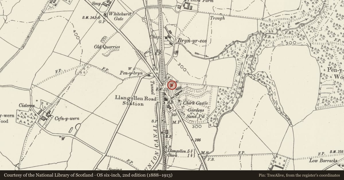 Ordnance Survey six-inch map, 2nd edition (1888–1913) covering the location of Whitehurst House, Chirk, Wrexham, with a pin at the register's coordinates