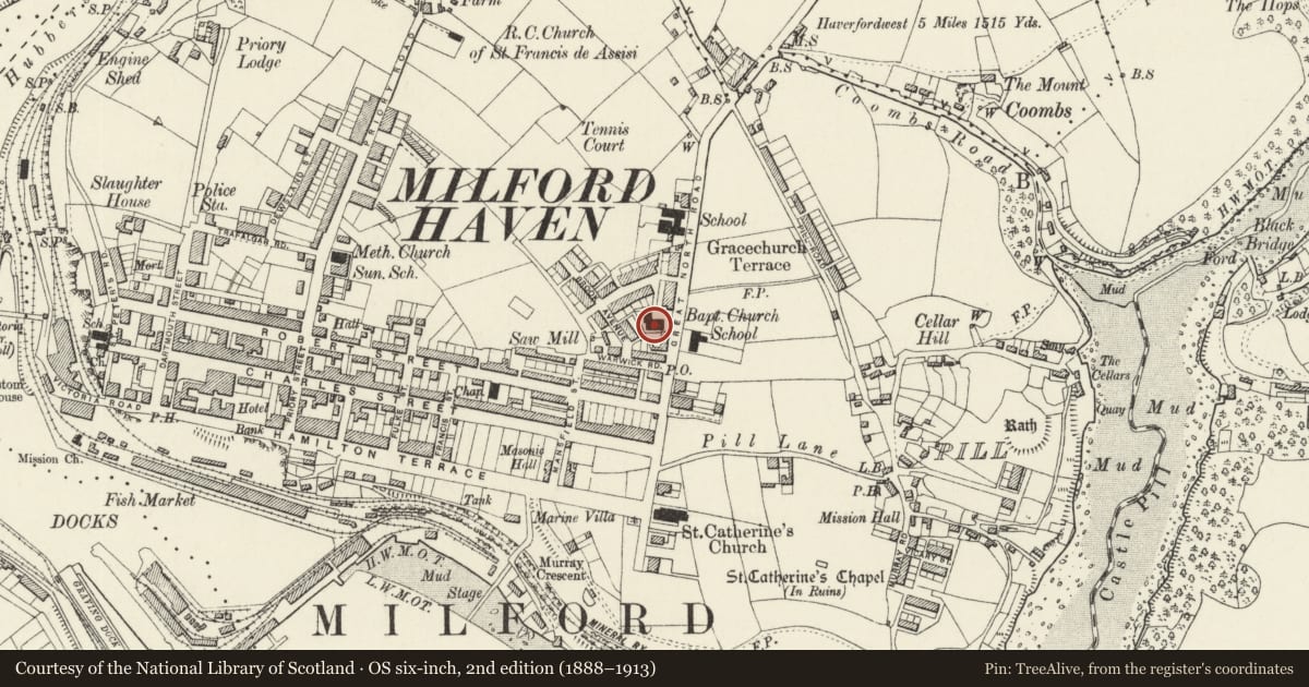 Ordnance Survey six-inch map, 2nd edition (1888–1913) covering the location of North Road Baptist Chapel, Milford Haven, Pembrokeshire, with a pin at the register's coordinates