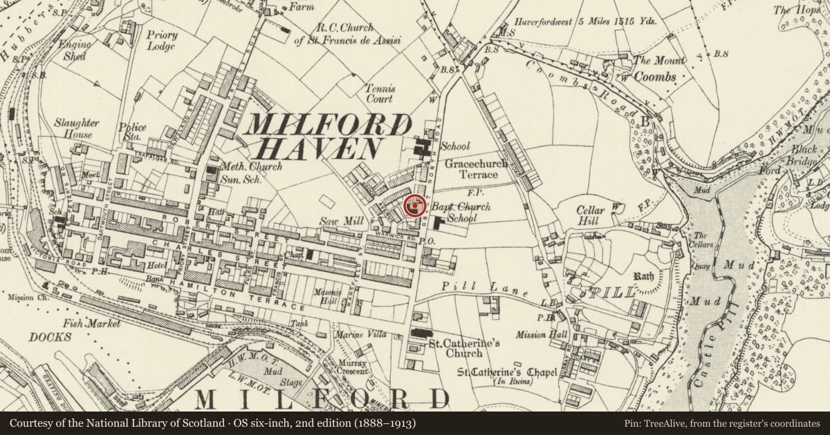 Ordnance Survey six-inch map, 2nd edition (1888–1913) covering the location of Baptist church Schoolroom, Milford Haven, Pembrokeshire, with a pin at the register's coordinates