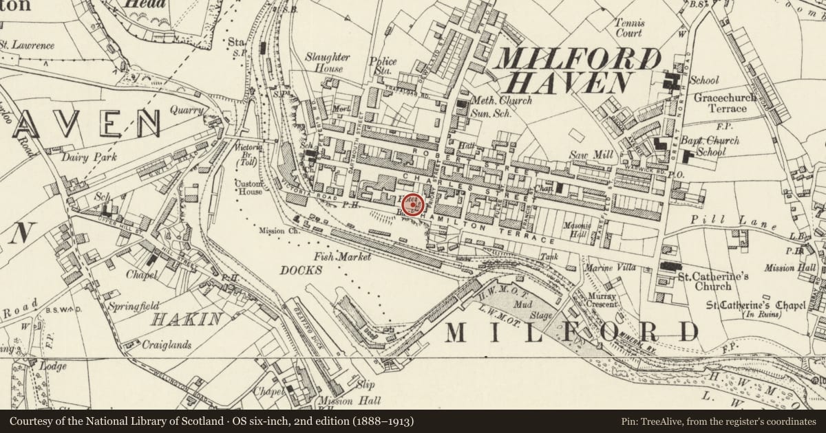 Ordnance Survey six-inch map, 2nd edition (1888–1913) covering the location of 11 Hamilton Terrace, Milford Haven, Pembrokeshire, with a pin at the register's coordinates