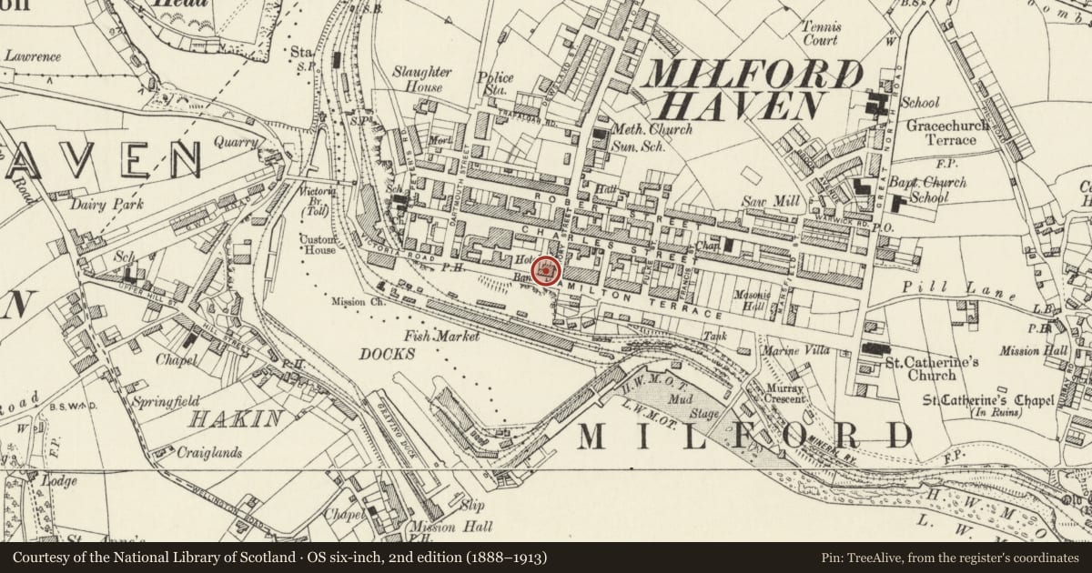 Ordnance Survey six-inch map, 2nd edition (1888–1913) covering the location of 13 Hamilton Terrace, Milford Haven, Pembrokeshire, with a pin at the register's coordinates